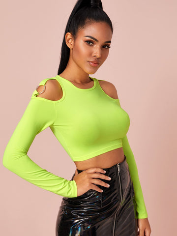 Neon Lime Cold Shoulder Ring Detail Crop Top