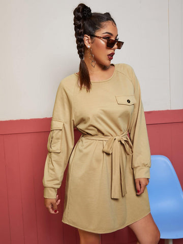 Self Tie Raglan Sleeve Sweatshirt Dress