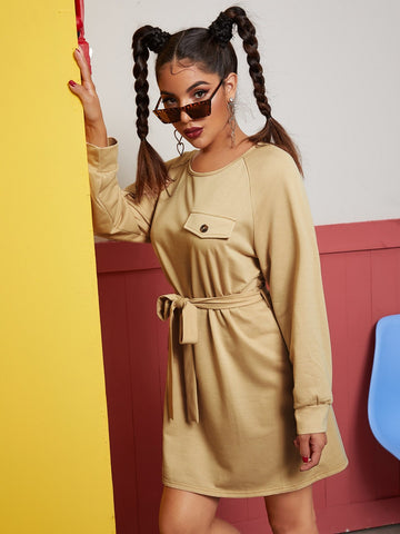 Self Tie Raglan Sleeve Sweatshirt Dress