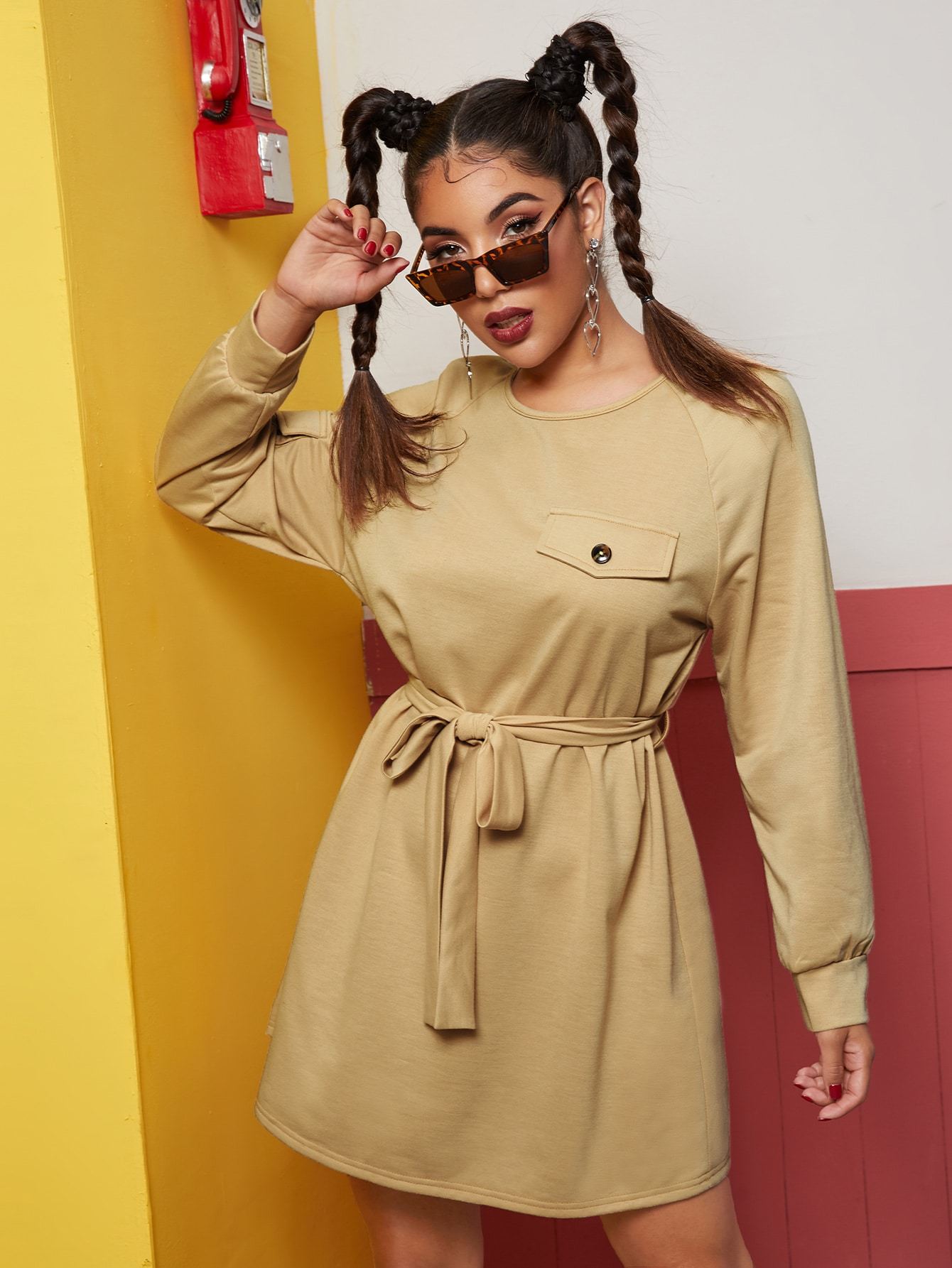 Self Tie Raglan Sleeve Sweatshirt Dress