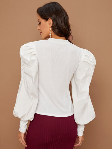 Bishop Sleeve Rib-Knit Blouse