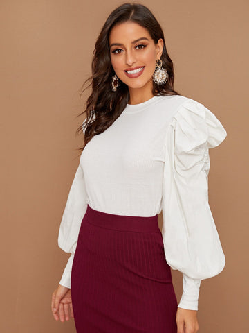 Bishop Sleeve Rib-Knit Blouse