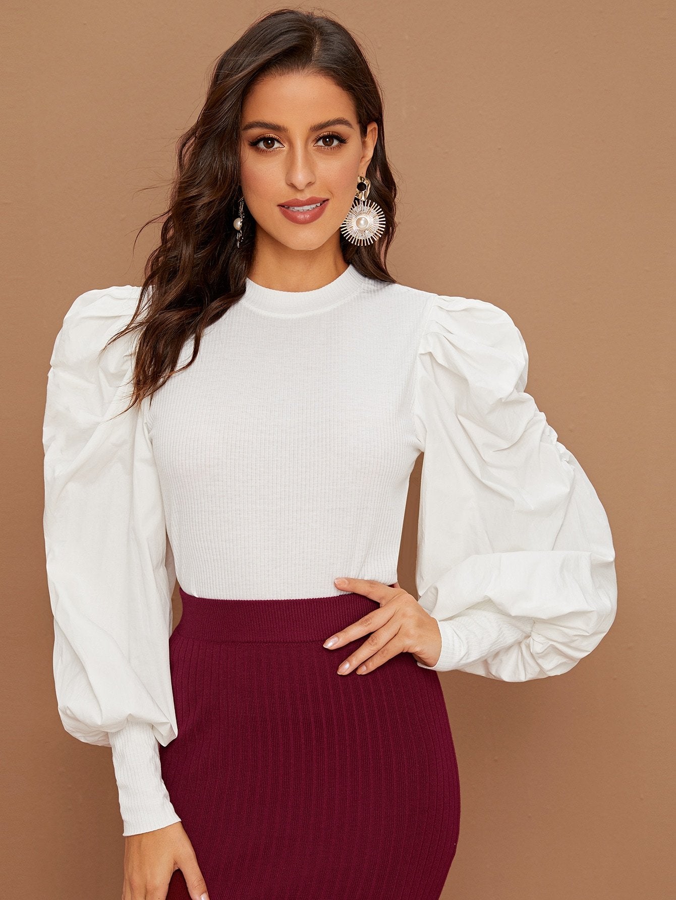 Bishop Sleeve Rib-Knit Blouse