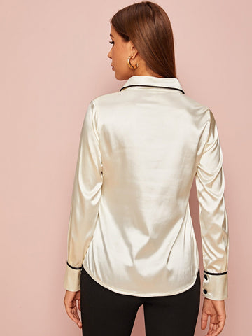 Contrast Trim Button Through Satin Blouse