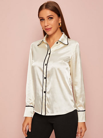 Contrast Trim Button Through Satin Blouse