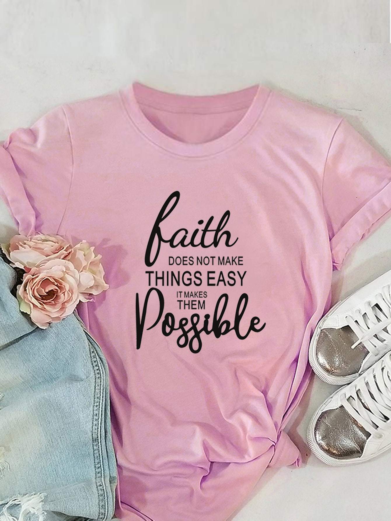 Crew Neck Slogan Print Tee