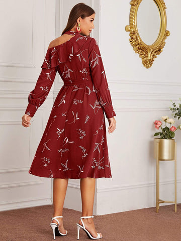 Asymmetric Neck Floral Print Belted Dress