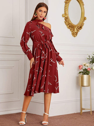 Asymmetric Neck Floral Print Belted Dress