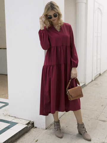 Notched Solid Ruched Smock Dress