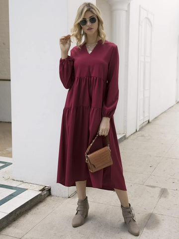 Notched Solid Ruched Smock Dress