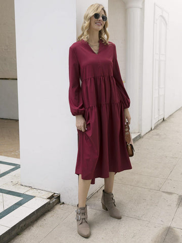 Notched Solid Ruched Smock Dress