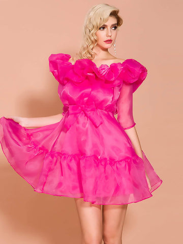 Missord Neon Pink Ruffle Hem Bow Front Organza Dress