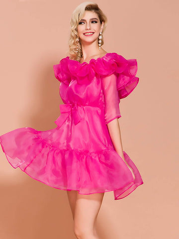 Missord Neon Pink Ruffle Hem Bow Front Organza Dress