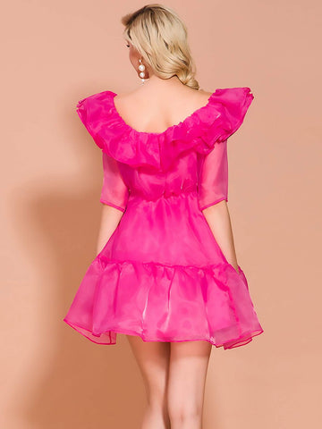 Missord Neon Pink Ruffle Hem Bow Front Organza Dress