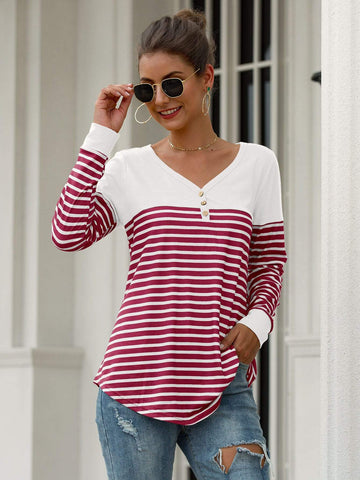 V Neck Contrast Panel Striped Tee