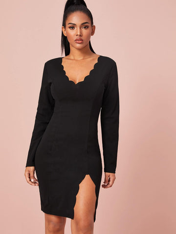 Scallop Trim Slit Hem Bodycon Dress