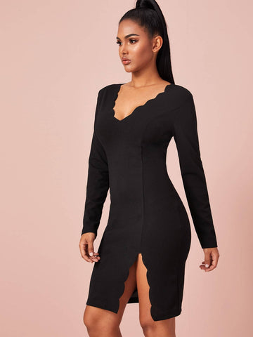 Scallop Trim Slit Hem Bodycon Dress