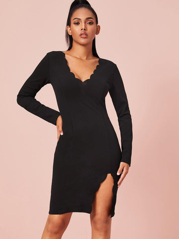 Scallop Trim Slit Hem Bodycon Dress