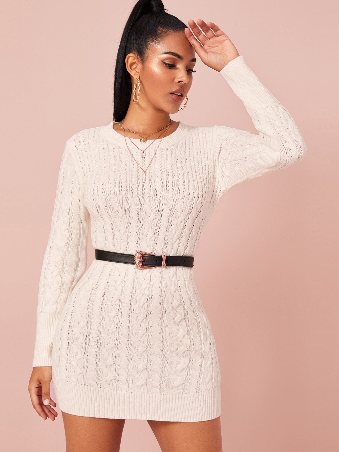 Solid Cable Knit Bodycon Jumper Dress Without Belt