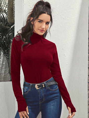 High Neck Thumb Holes Slim Tee