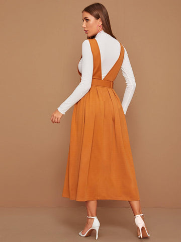 Flare Hem Belted Pinafore Dress