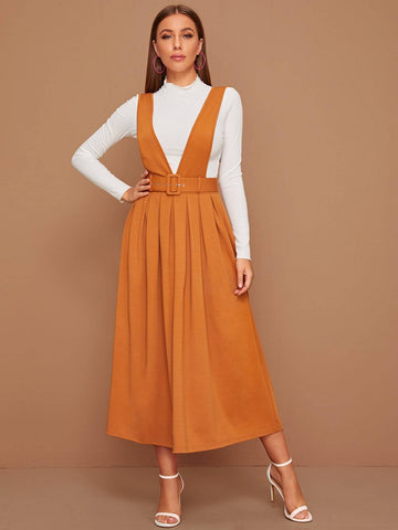 Flare Hem Belted Pinafore Dress