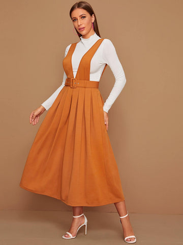 Flare Hem Belted Pinafore Dress