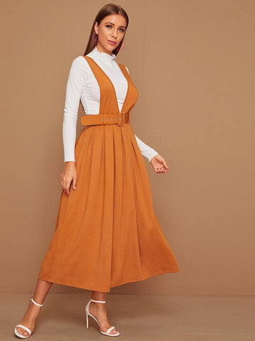 Flare Hem Belted Pinafore Dress