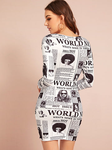 Newspaper And Figure Print Fitted Dress