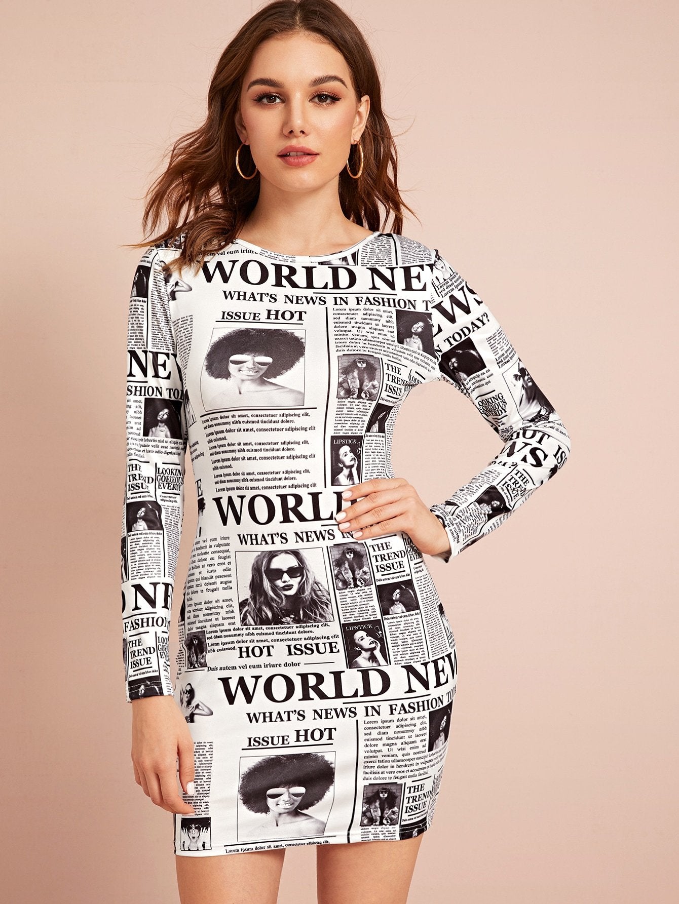 Newspaper And Figure Print Fitted Dress