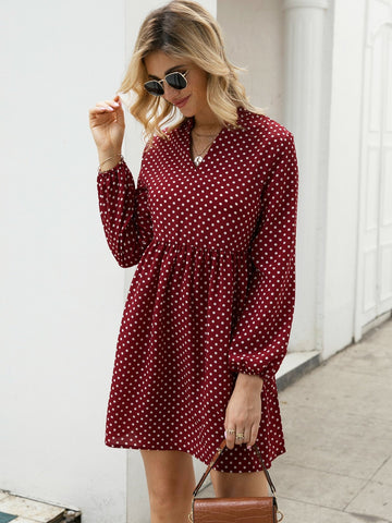 Notched Polka Dot Smock Dress