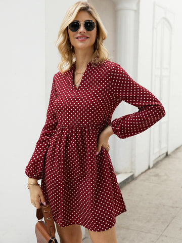 Notched Polka Dot Smock Dress