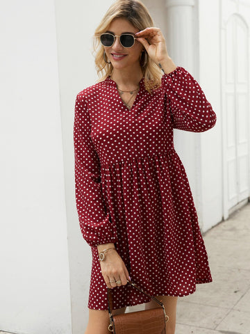 Notched Polka Dot Smock Dress