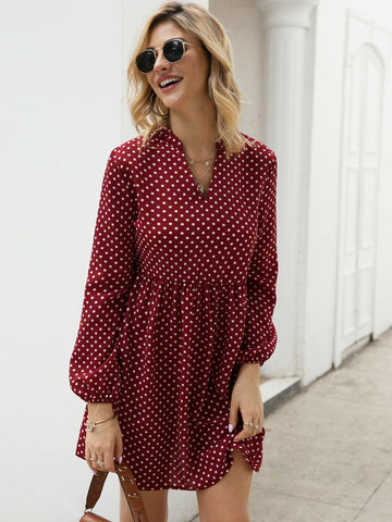 Notched Polka Dot Smock Dress