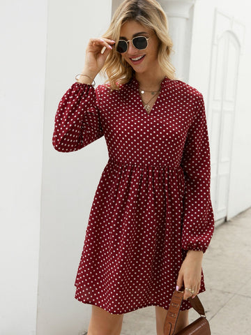 Notched Polka Dot Smock Dress