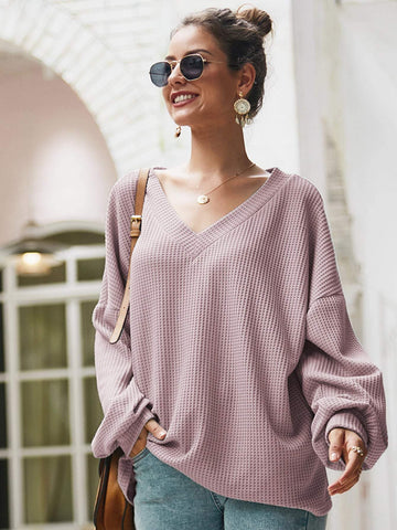 Solid V-Neck Drop Shoulder Jumper