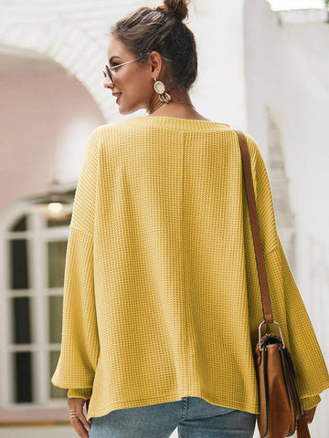 Solid V-Neck Waffle Knit Oversized Jumper