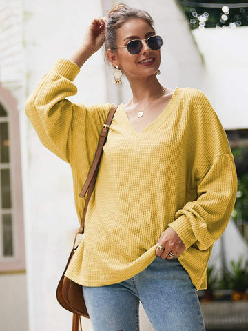 Solid V-Neck Waffle Knit Oversized Jumper