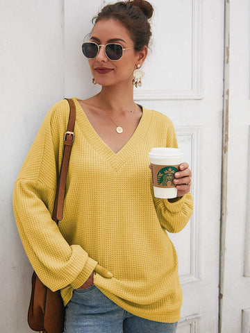 Solid V-Neck Waffle Knit Oversized Jumper