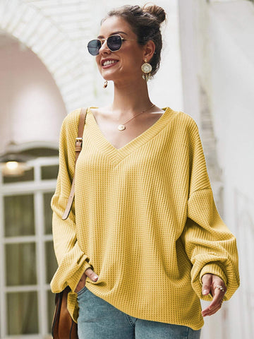 Solid V-Neck Drop Shoulder Jumper