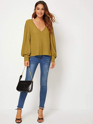 V Neck Solid Puff Sleeve Jumper