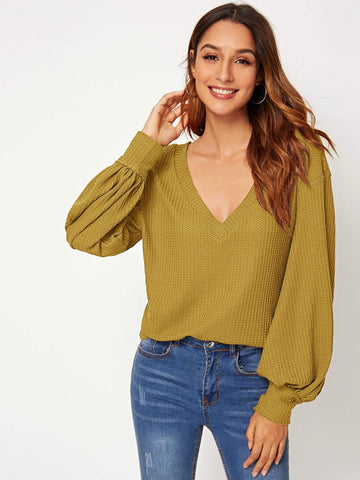V Neck Solid Puff Sleeve Jumper