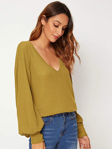 V Neck Solid Puff Sleeve Jumper