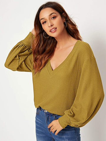 V Neck Solid Puff Sleeve Jumper