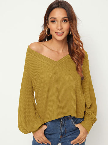 V Neck Solid Puff Sleeve Jumper