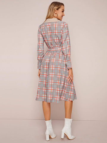 Contrast Collar Plaid Shirt Dress