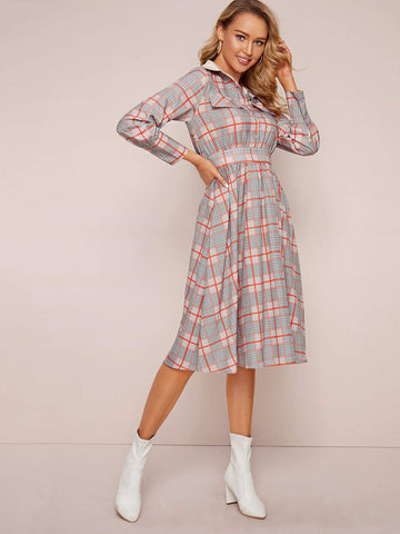 Contrast Collar Plaid Shirt Dress