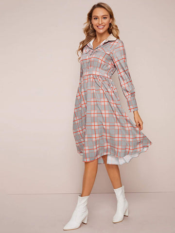 Contrast Collar Plaid Shirt Dress