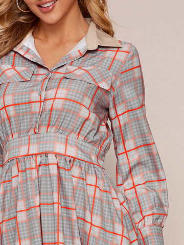 Contrast Collar Plaid Shirt Dress