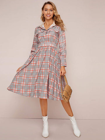 Contrast Collar Plaid Shirt Dress